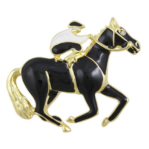 Black and White Enamel Jockey with Black Horse Brooch Pin - Lilylin Designs