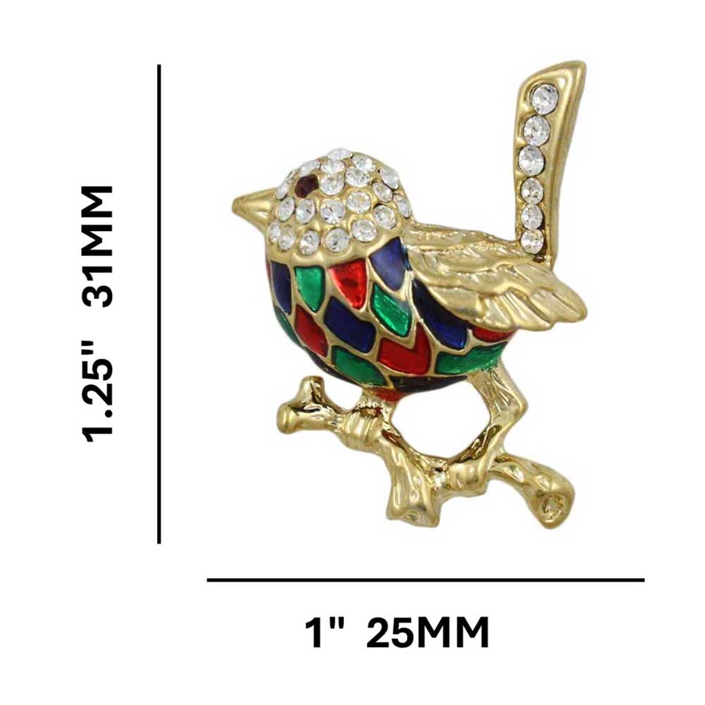 Colorful Enamel and Crystal Mockingbird Brooch Pin shown with measurements - Lilylin Designs