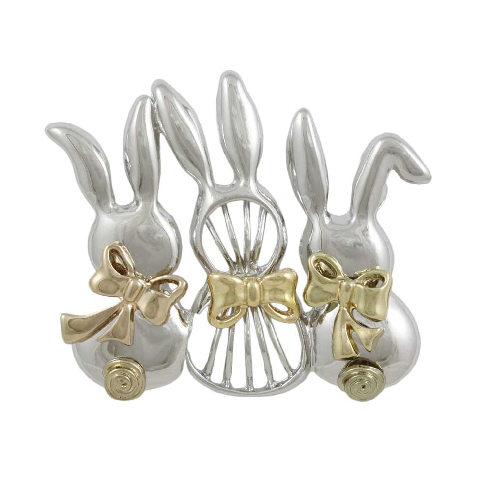 Lilylin Designs 3 Silver Bunnies with Gold Bows Brooch Pin 