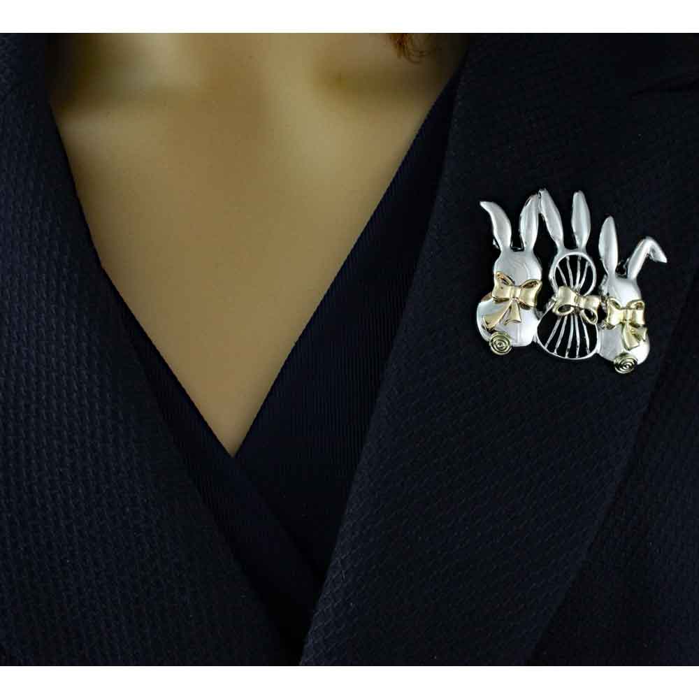 3 Silver Bunnies with Gold Bows Brooch Pin - FAP024 - Lilylin Designs