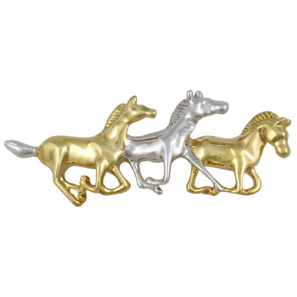 Gold and Silver Running Horses Brooch Pin - FAP918A - Lilylin Designs