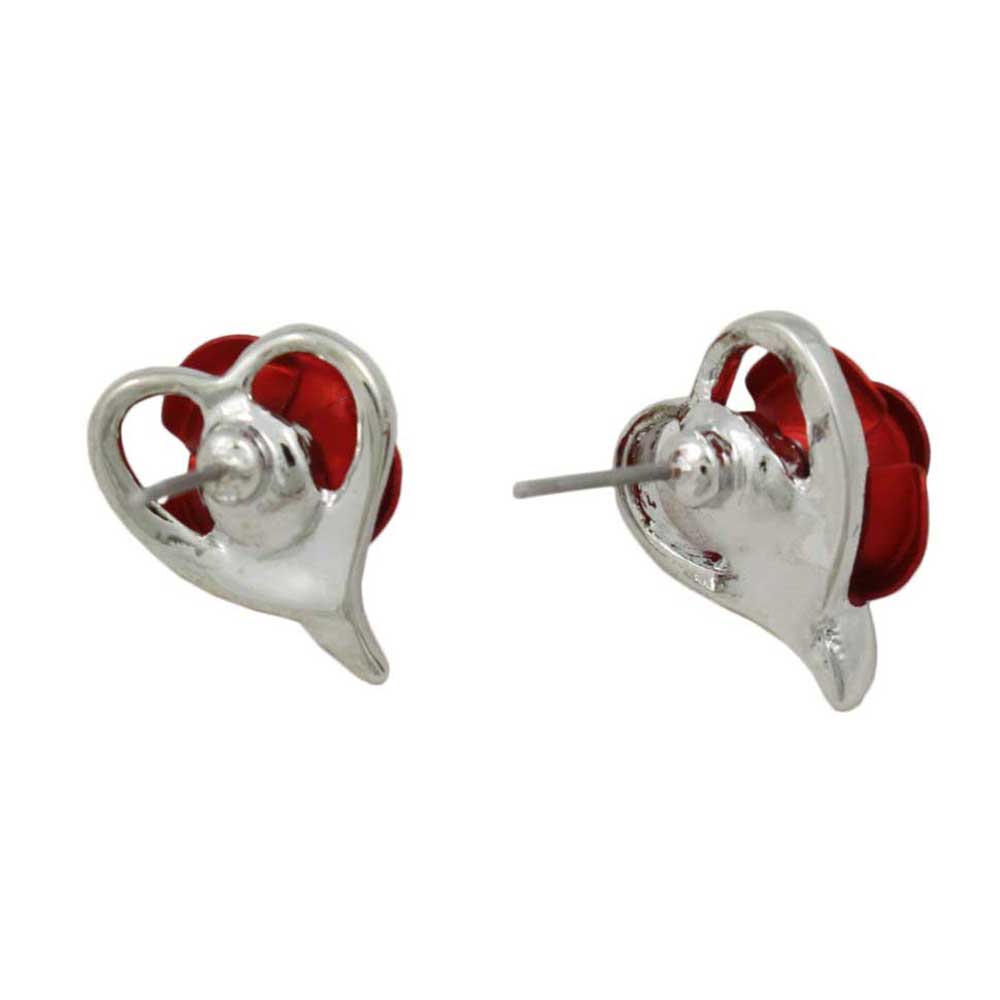 Silver Open Heart with Red Rose Pierced Earring - FE105 - Lilylin Designs