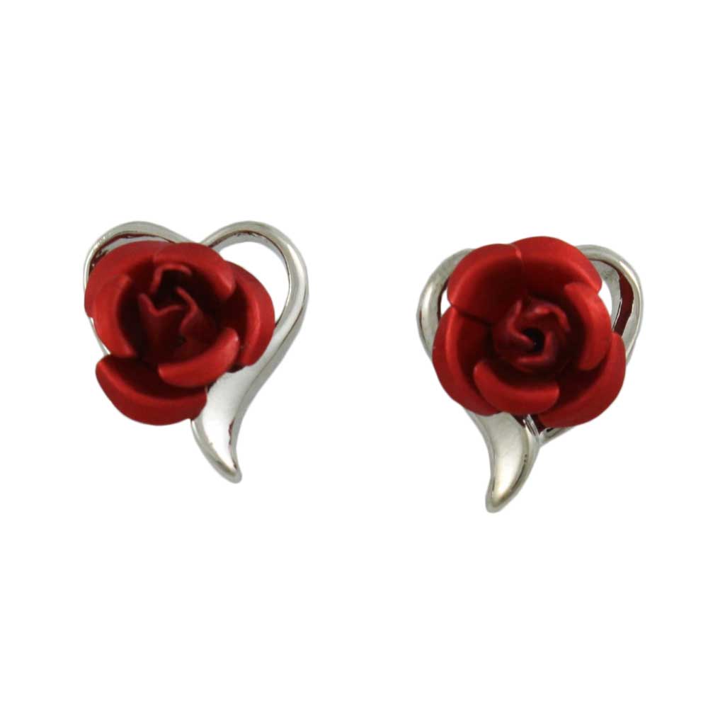 Silver Open Heart with Red Rose Pierced Earring - FE105 - Lilylin Designs