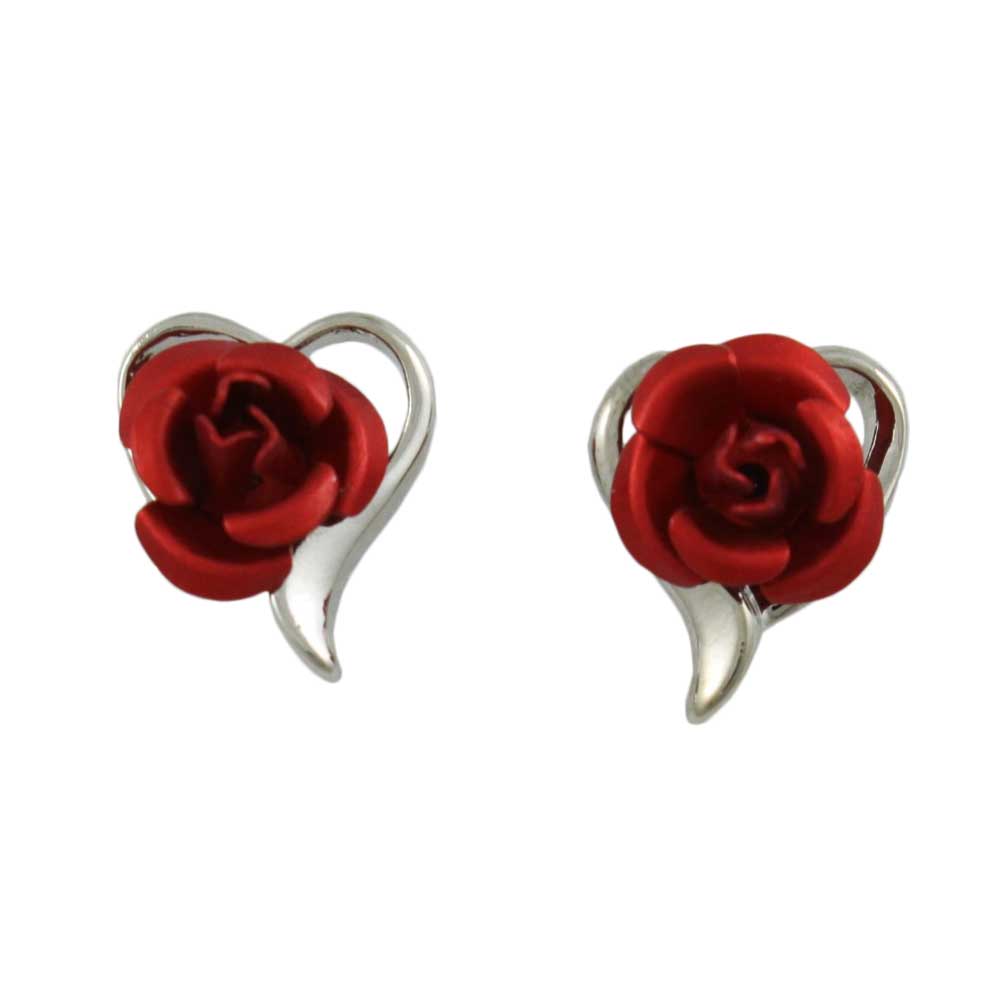 Lilylin Designs Silver Open Heart with Red Rose Pierced Earring