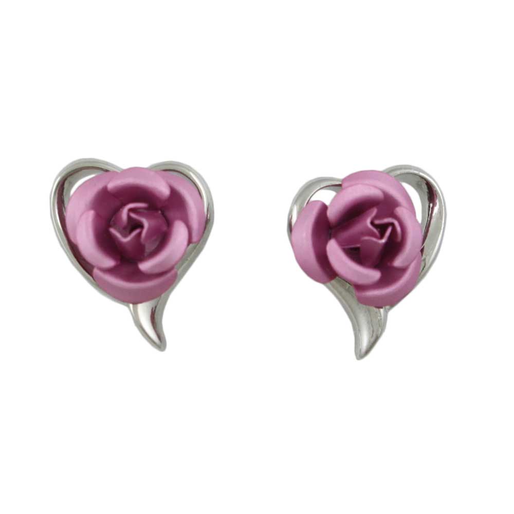 Silver Open Heart with Pink Rose Pierced Earring - FE105PK - Lilylin Designs