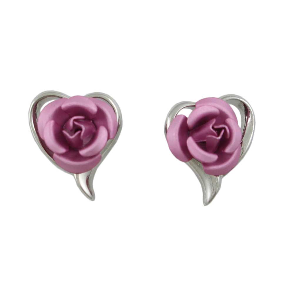 Lilylin Designs Silver Open Heart with Pink Rose Pierced Earring