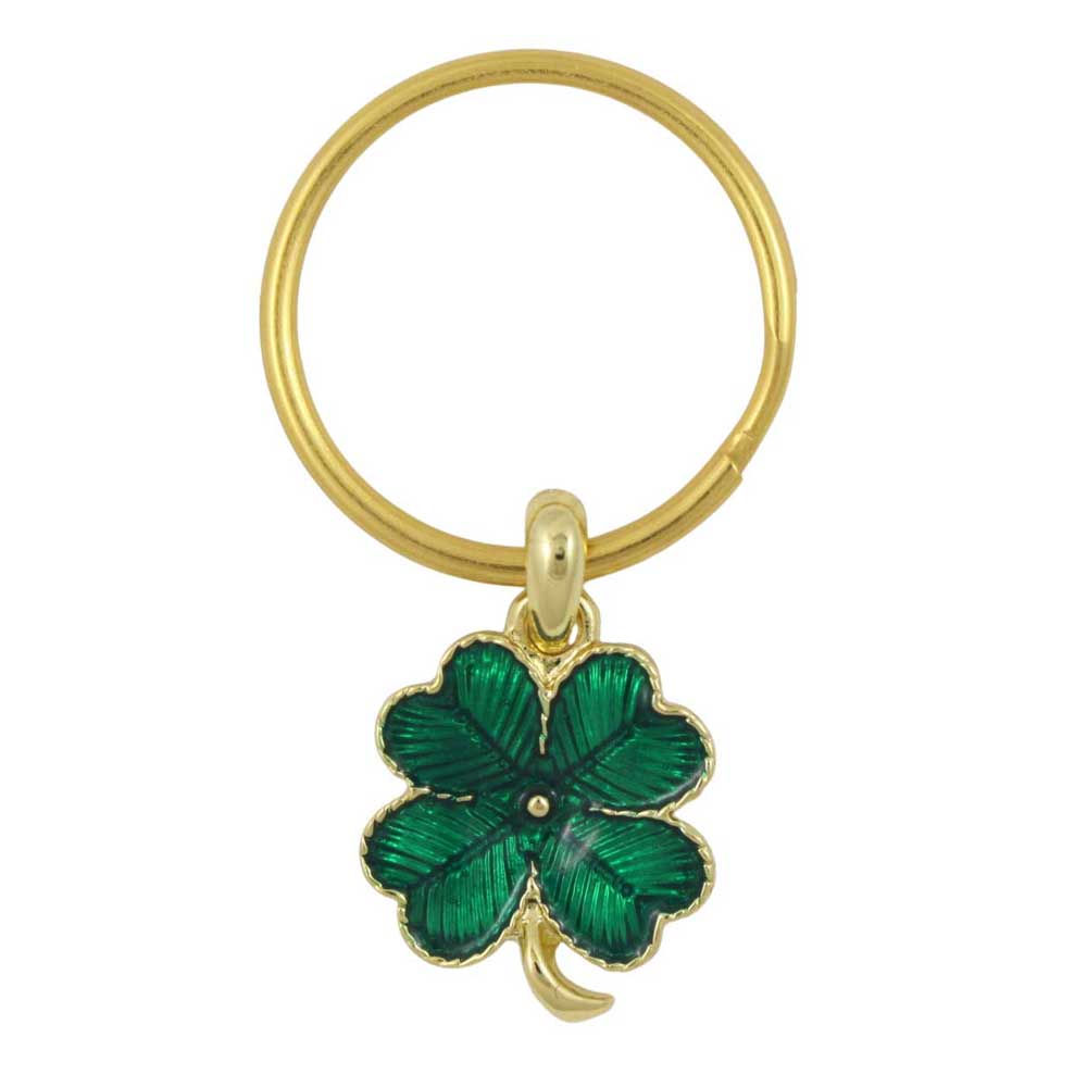 Gold keychain with a green four-leaf clover charm on a white background - Lilylin Designs