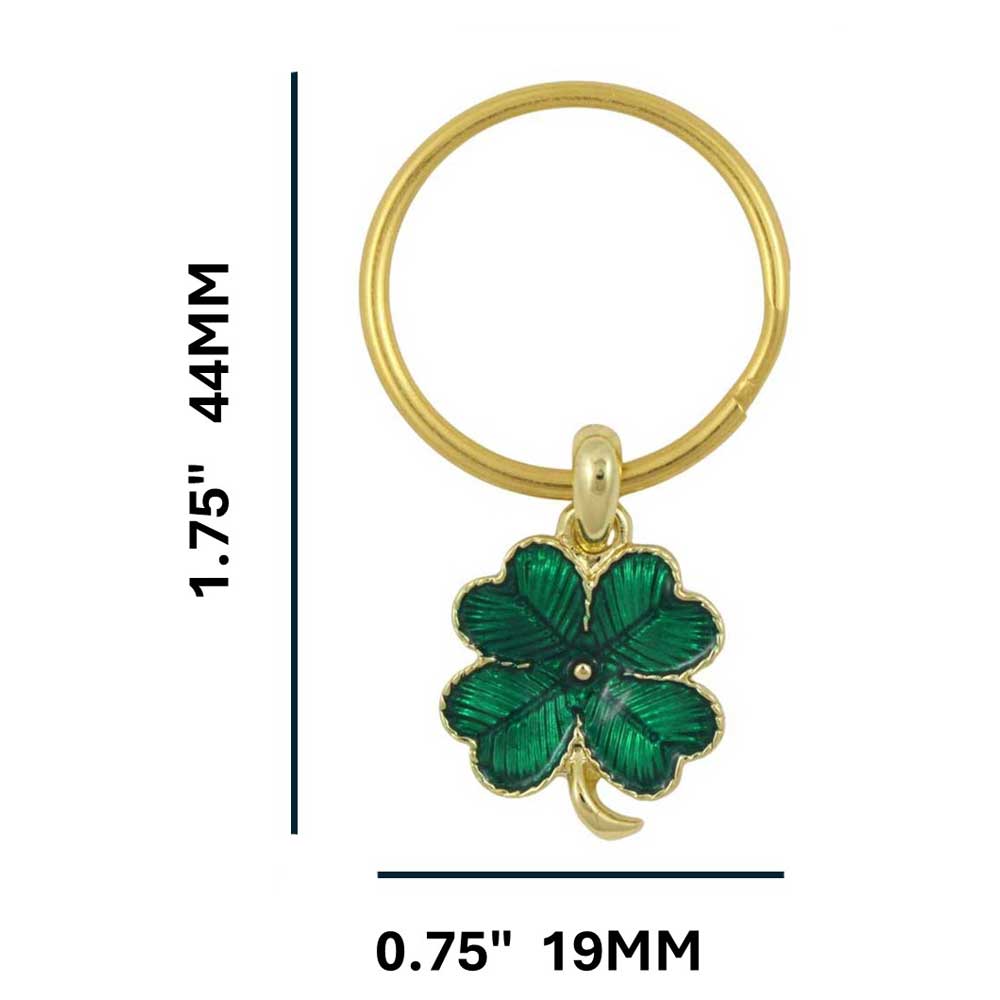 Gold keychain with a green four-leaf clover charm on a white background with measurements - Lilylin Designs