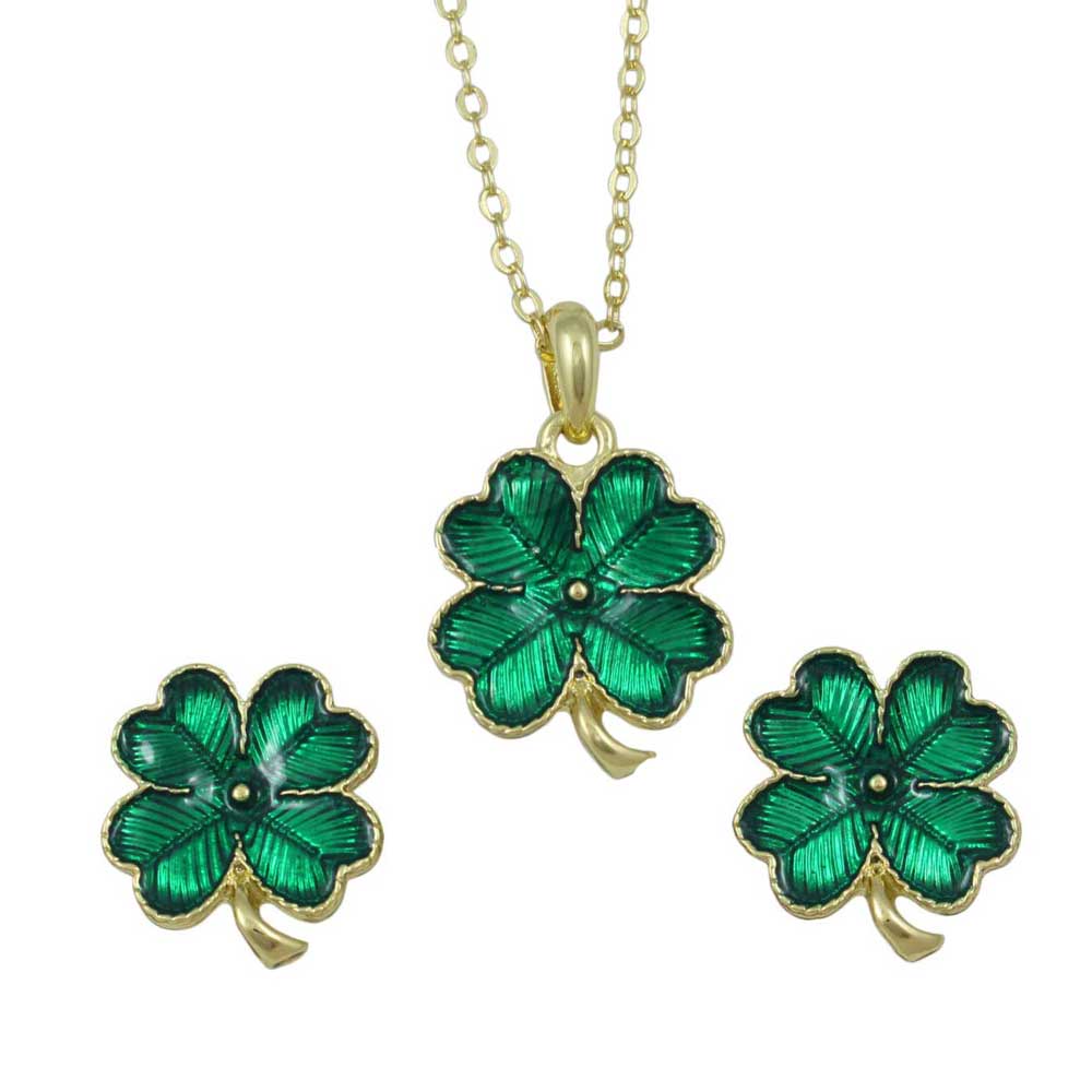 Lucky 4 Leaf Clover Necklace and Pierced Earring Gift Set - FE115NBS - Lilylin Designs