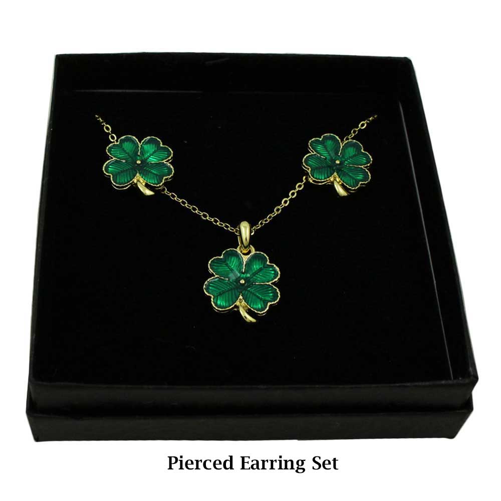 Lucky 4 Leaf Clover Necklace and Pierced Earring Gift Set - FE115NBS - Lilylin Designs
