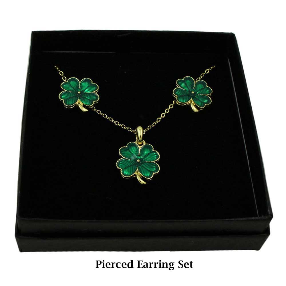 I Feel Lucky 4 Leaf Clover Necklace and Pierced Earring Boxed Gift Set - Lilylin Designs