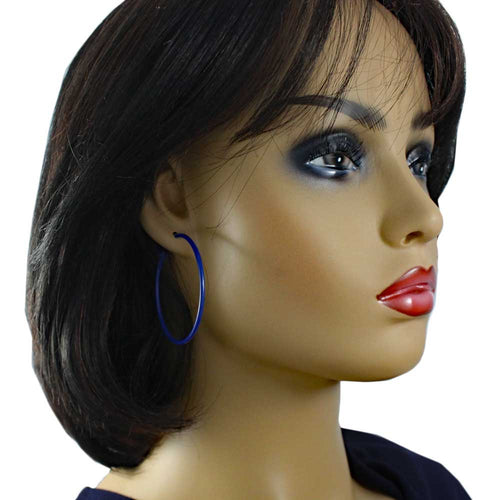 2" Medium Sized Blue Enamel Skinny Hoop Pierced Earring - FE220BL - Lilylin Designs