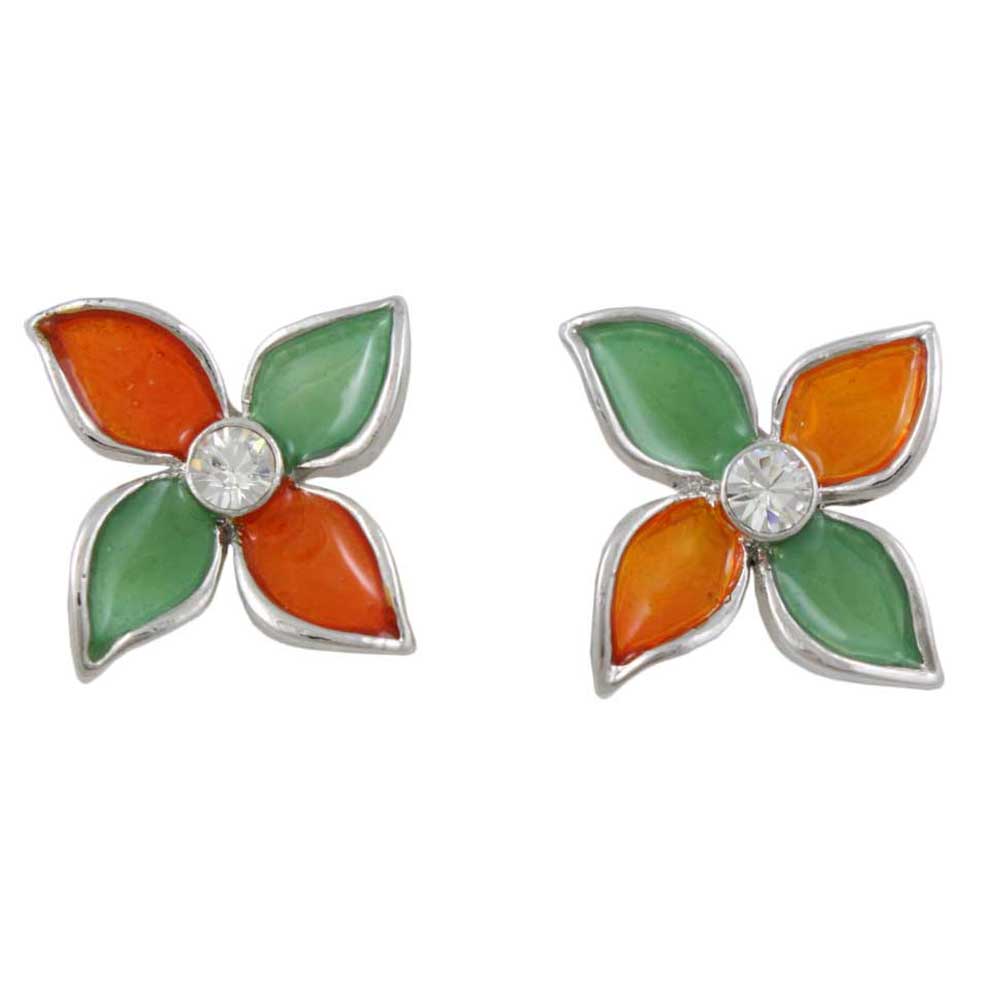 Green and Orange Stained Glass Flower Pierced Earring - FE303 - Lilylin Designs