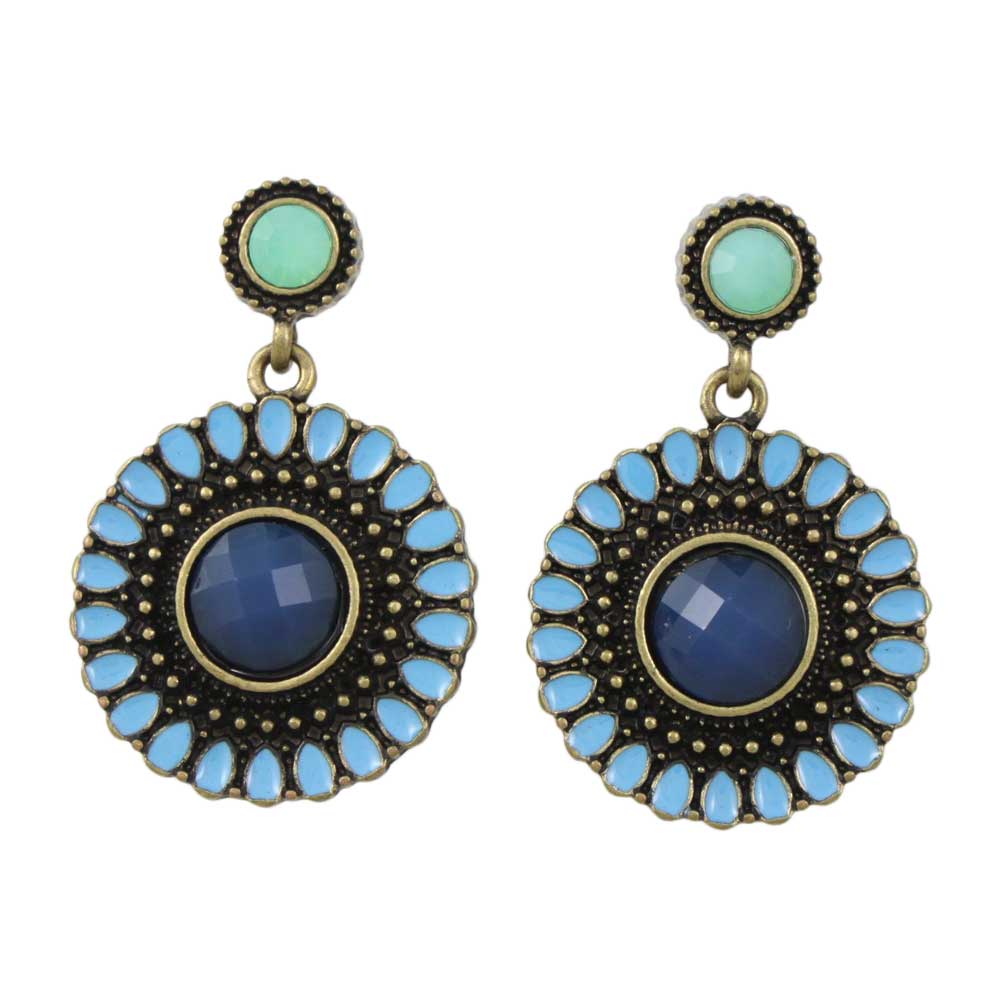 Antique Gold Round Blue Dangling Disc Pierced Earring - FE501BL - Lilylin Designs