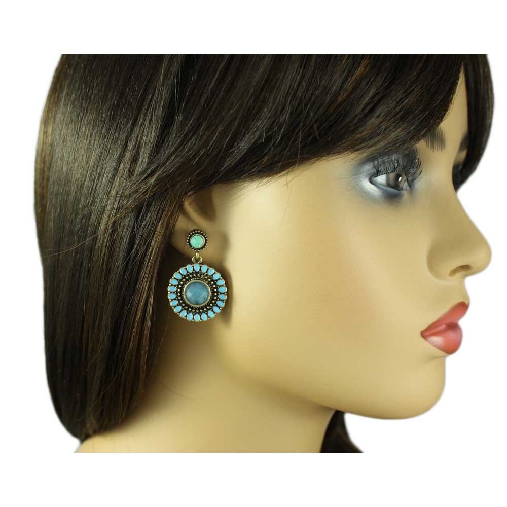Antique Gold Round Blue Dangling Disc Pierced Earring - FE501BL - Lilylin Designs