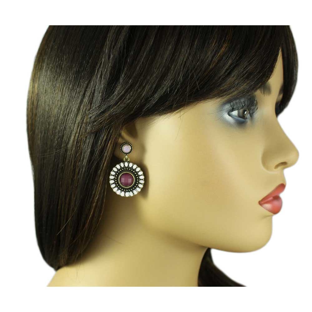 Antique Gold Purple Round Dangling Disc Earring - FE501PP - Lilylin Designs