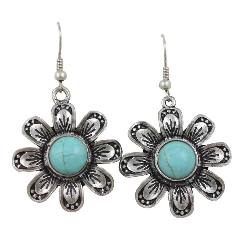 Antique Silver Turquoise Flower Dangling Pierced Earring - FE504 - Lilylin Designs