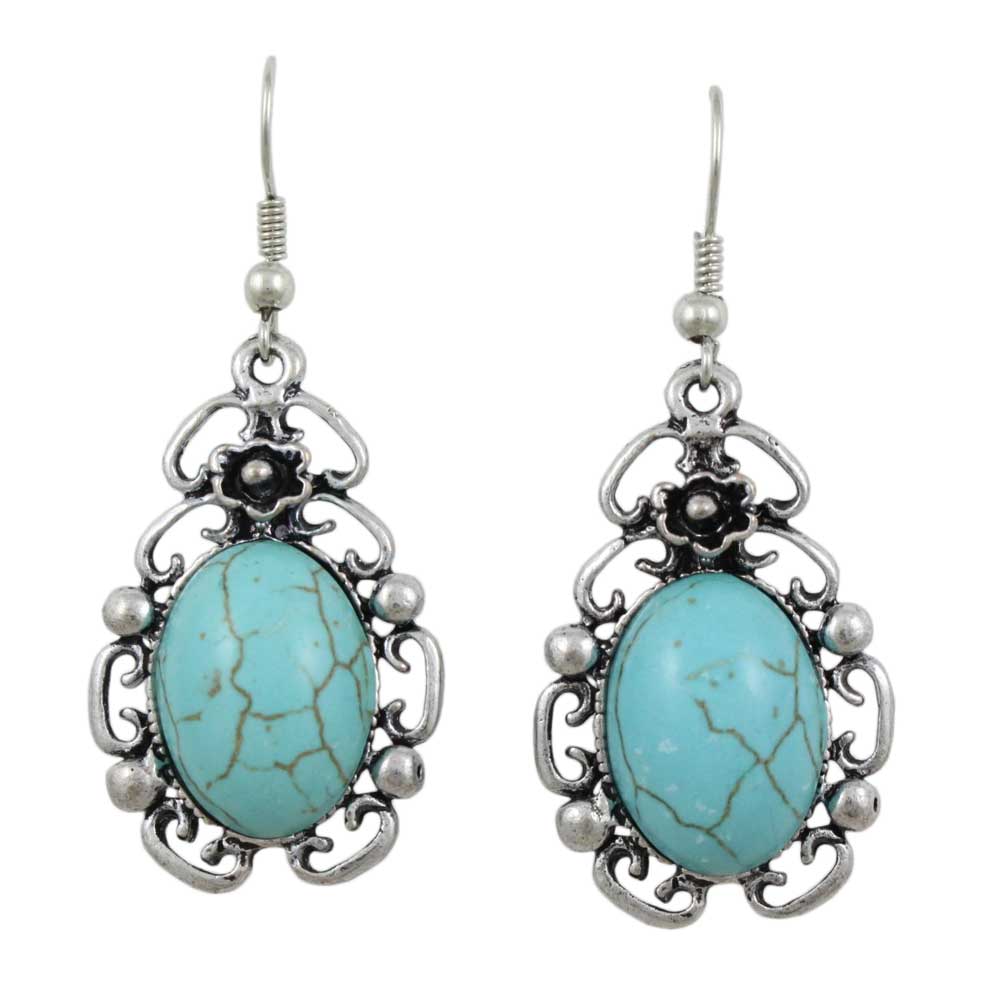 Antique Silver - tone Oval Turquoise Dangling Pierced Earring - FE506 - Lilylin Designs