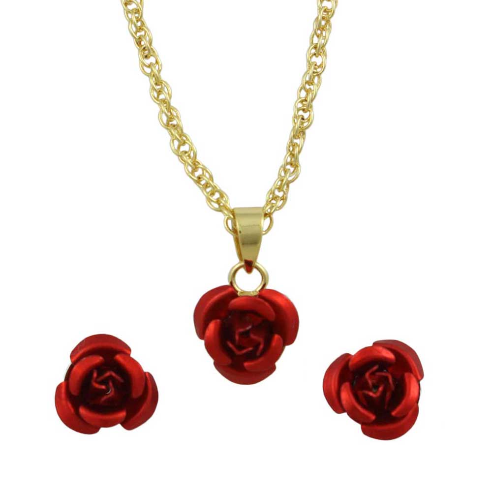 Lilylin Designs Dainty Red Rose Necklace with Red Rose Stud Earring Gift Set