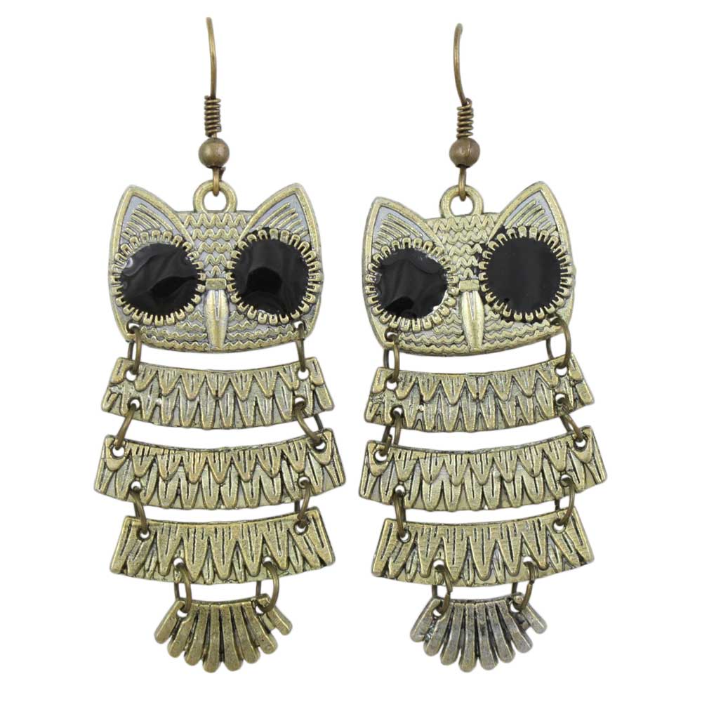Antique Gold Shimmying Owl Dangle Pierced Earring - FE512 - Lilylin Designs