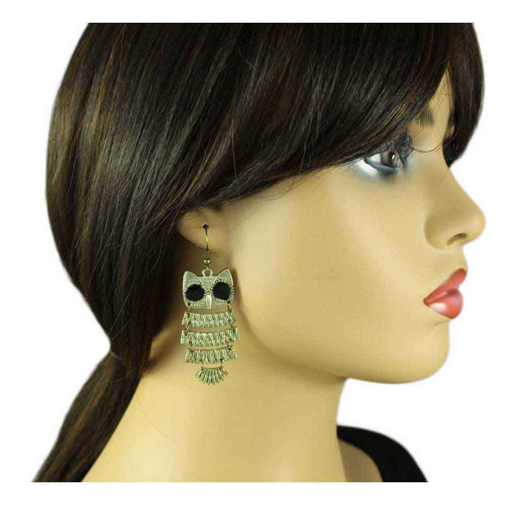 Antique Gold Shimmying Owl Dangle Pierced Earring - FE512 - Lilylin Designs