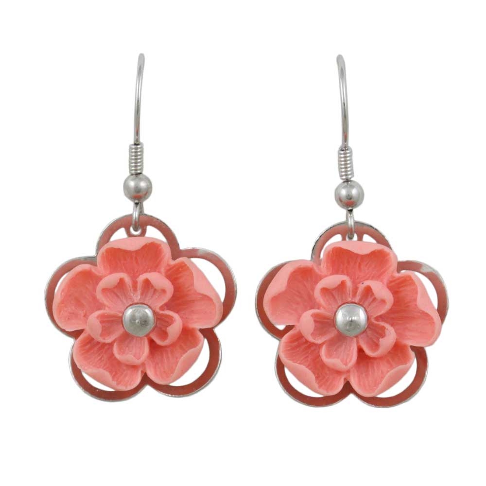 Pink with Silver Flower Dangling Pierced Earring - FE602PK - Lilylin Designs