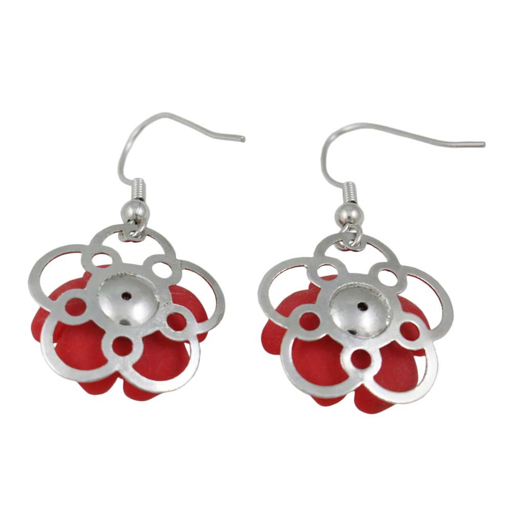 Red with Silver Flower Dangling Pierced Earring - FE602RD - Lilylin Designs