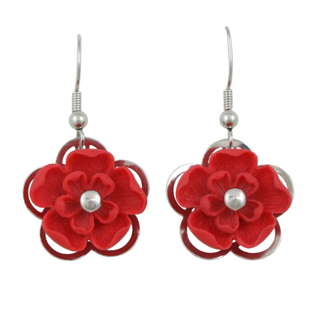 Red with Silver Flower Dangling Pierced Earring - FE602RD - Lilylin Designs