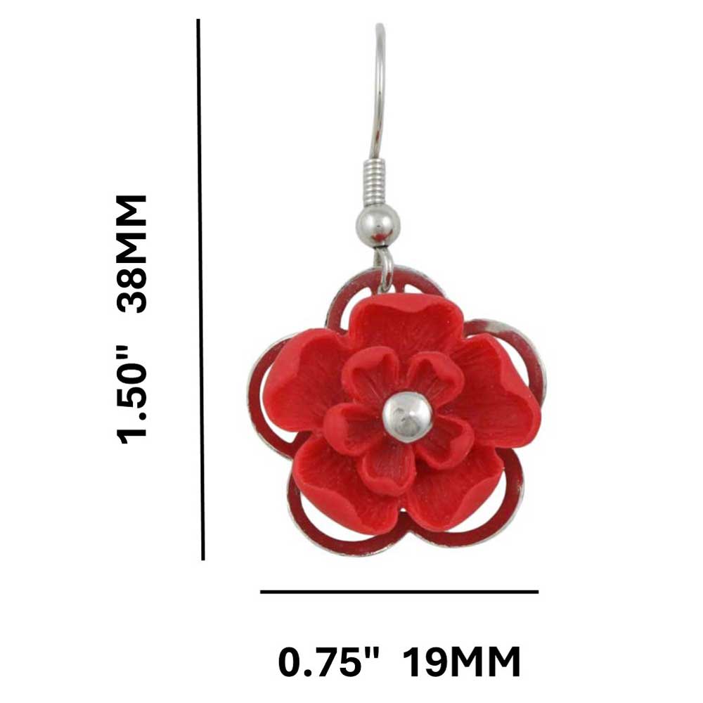 Red with Silver Flower Dangling Pierced Earring - FE602RD - Lilylin Designs