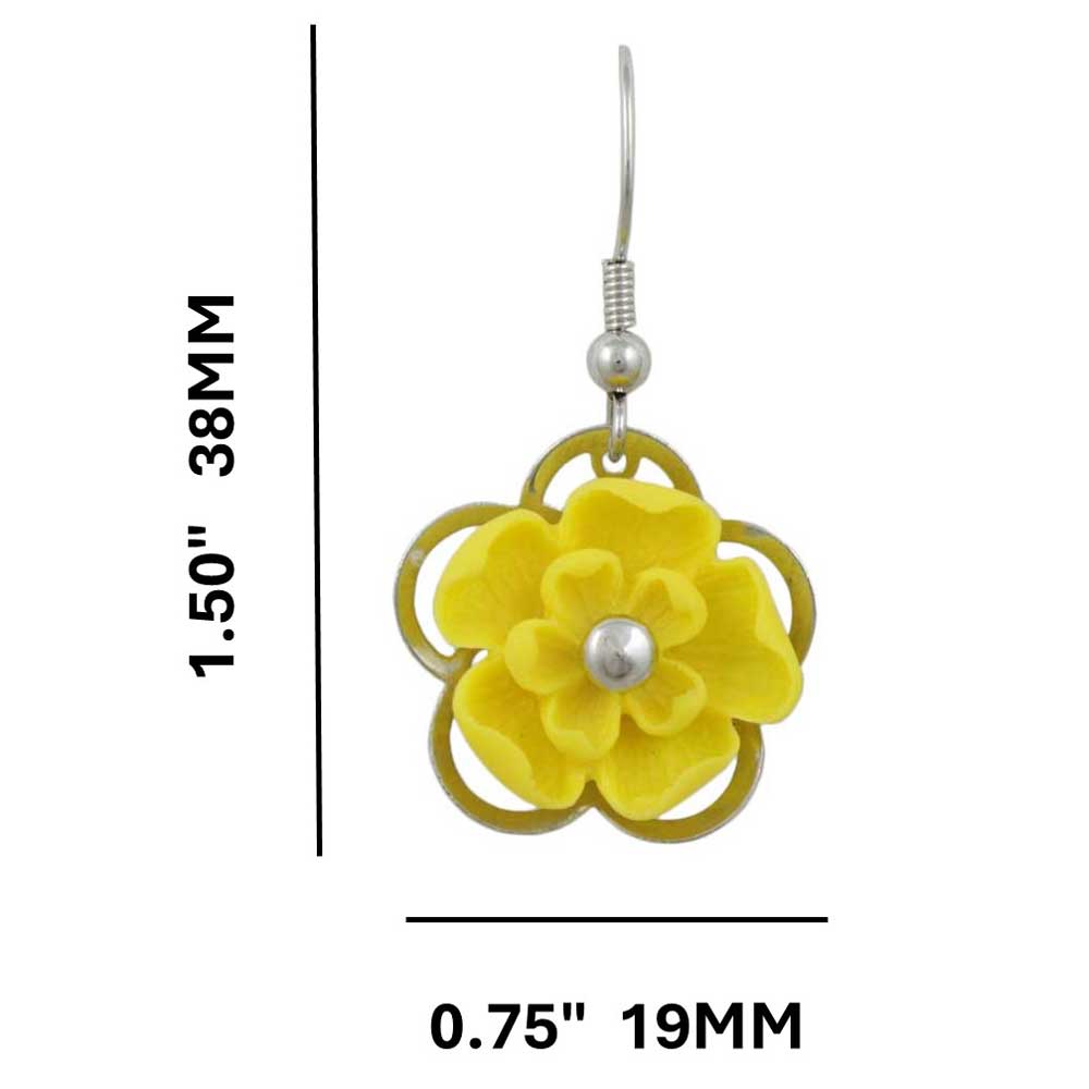 Yellow with Silver Flower Dangling Pierced Earring - FE602YW - Lilylin Designs