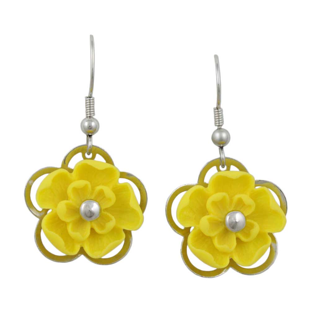 Yellow with Silver Flower Dangling Pierced Earring - FE602YW - Lilylin Designs