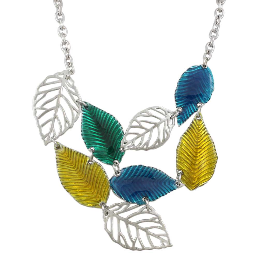 Blue, Yellow, and Green Enamel Leaves Necklace - FN322 - Lilylin Designs
