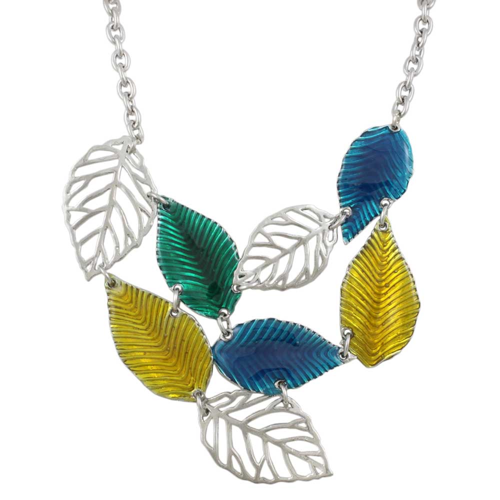 Lilylin Designs Blue, Yellow, and Green Enamel Leaves Necklace