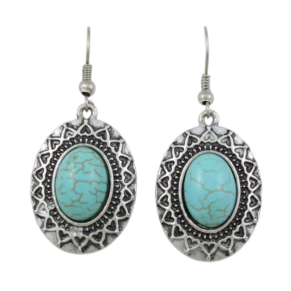 Antique Silver - tone Oval Turquoise Pierced Earring - FN518E - Lilylin Designs