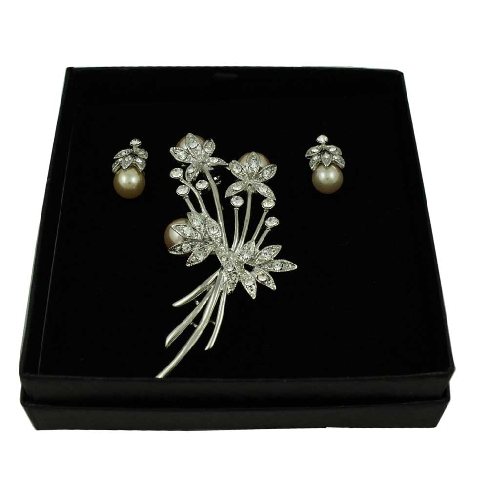 Crystal and Peach Pearl Buds Pin with Earring Gift Set - PRP040PBS - Lilylin Designs