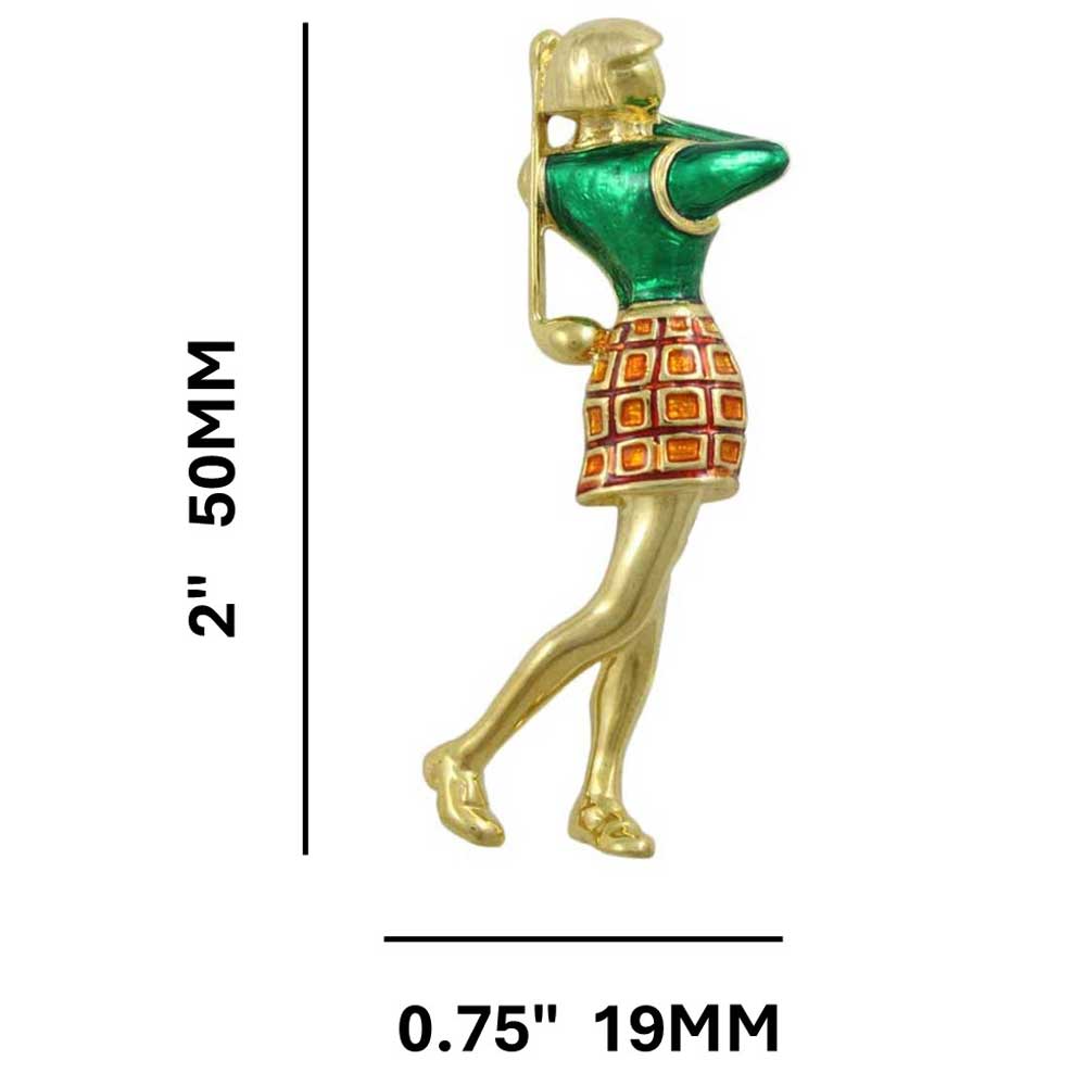 Female Golfer in Green and Orange Brooch Pin with measurements - Lilylin Designs