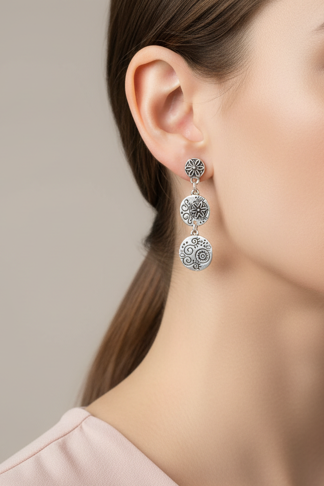 Model wearing trio of floral discs earring - Lilylin Designs