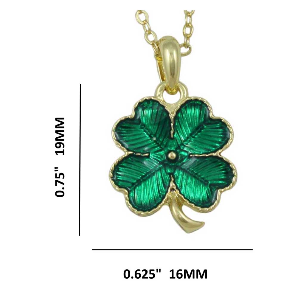 Green Enamel 4 Leaf Clover Pendant on Gold Chain shown with measurements - Lilylin Designs