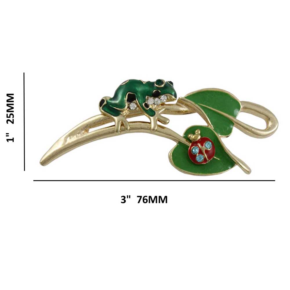 Green Enamel Frog with Ladybug on Leaf Brooch Pin shown with measurements - Lilylin Designs