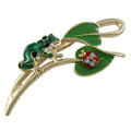 Green Enamel Frog with Ladybug on Leaf Brooch Pin - Lilylin Designs
