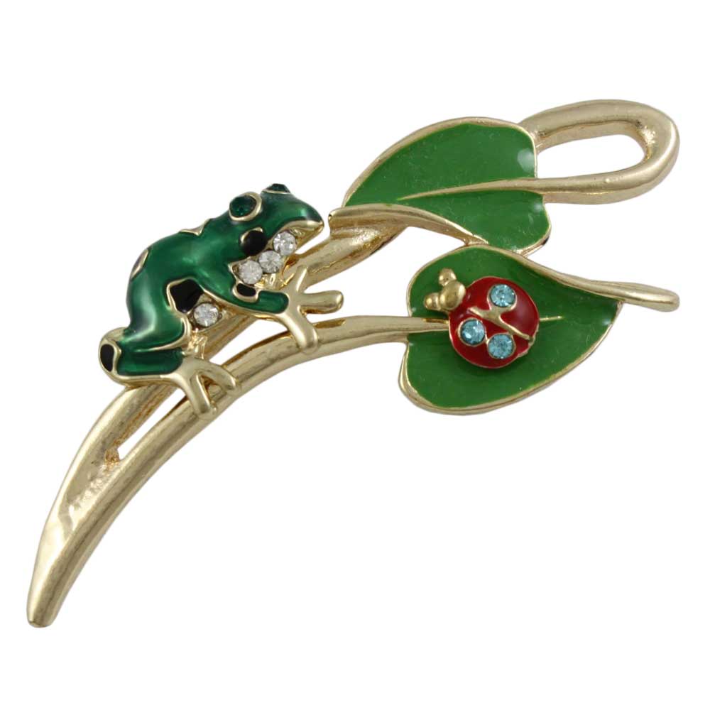 Green Enamel Frog with Ladybug on Leaf Brooch Pin - Lilylin Designs