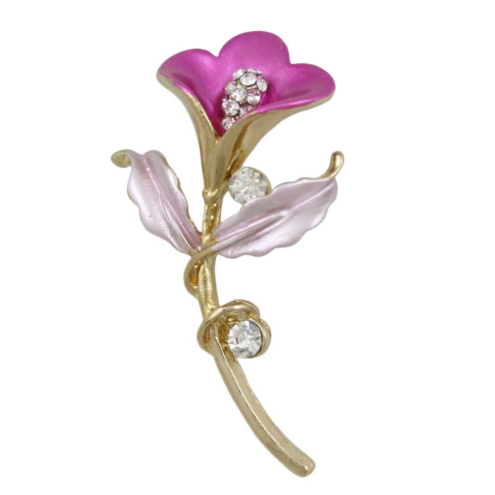 Fuchsia Enamel and Crystal Tulip Brooch Pin on white background - Lilylin Designs