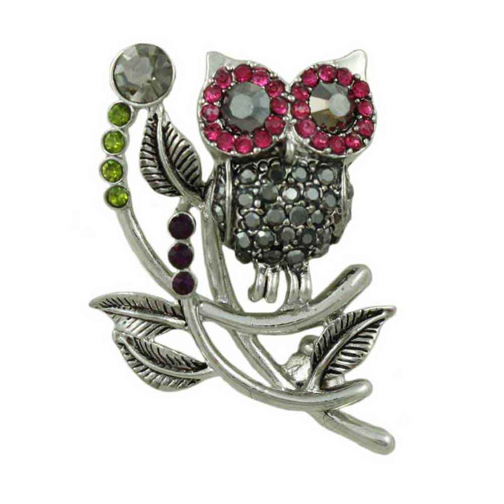 Lilylin Designs Owl with Fuchsia and Gray Crystal Eyes Brooch Pin