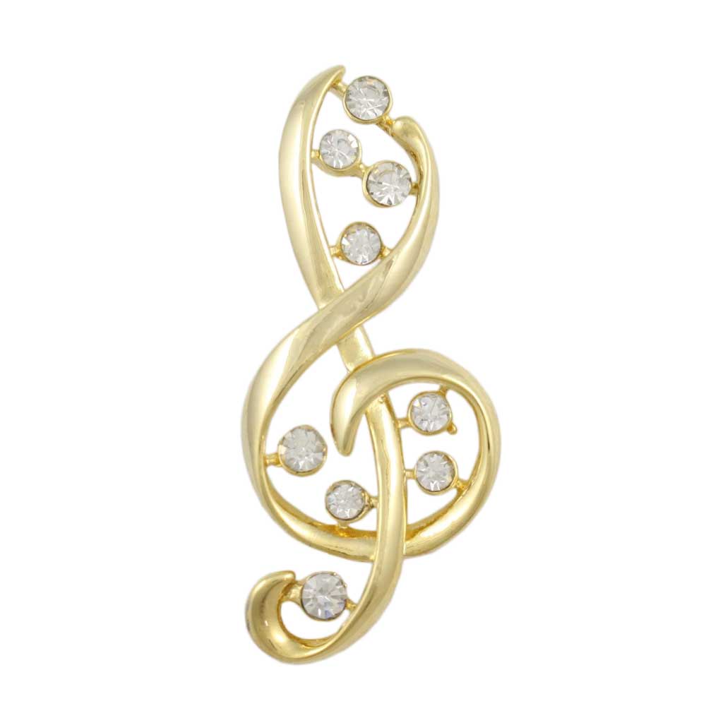 Gold with Clear Crystals G-Clef Brooch Pin - Lilylin Designs