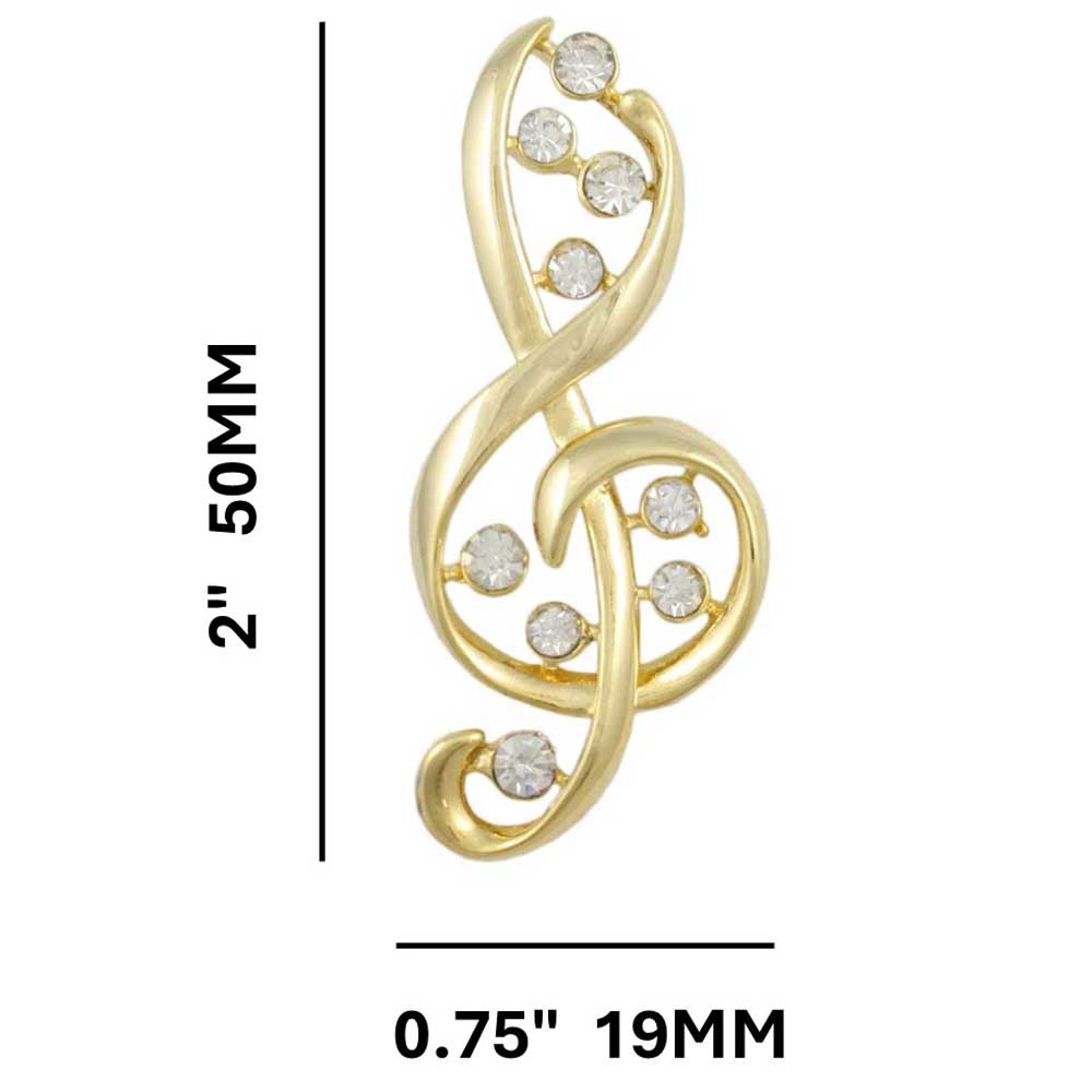 Gold with Clear Crystals G-Clef Brooch Pin shown with measurements - Lilylin Designs