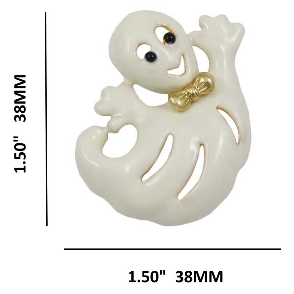Cream Happy Ghost with Gold Bowtie Halloween Brooch Pin with measurements - Lilylin Designs