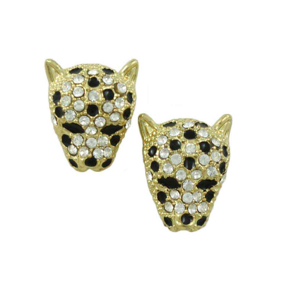 Lilylin Designs Gold Crystal and Black Enamel Leopard Head Pierced Earring