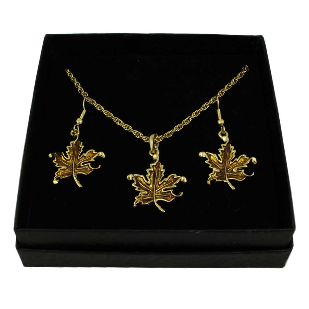 Dark Gold Enamel Maple Leaf Necklace and Earring Set - PRL341NS - Lilylin Designs