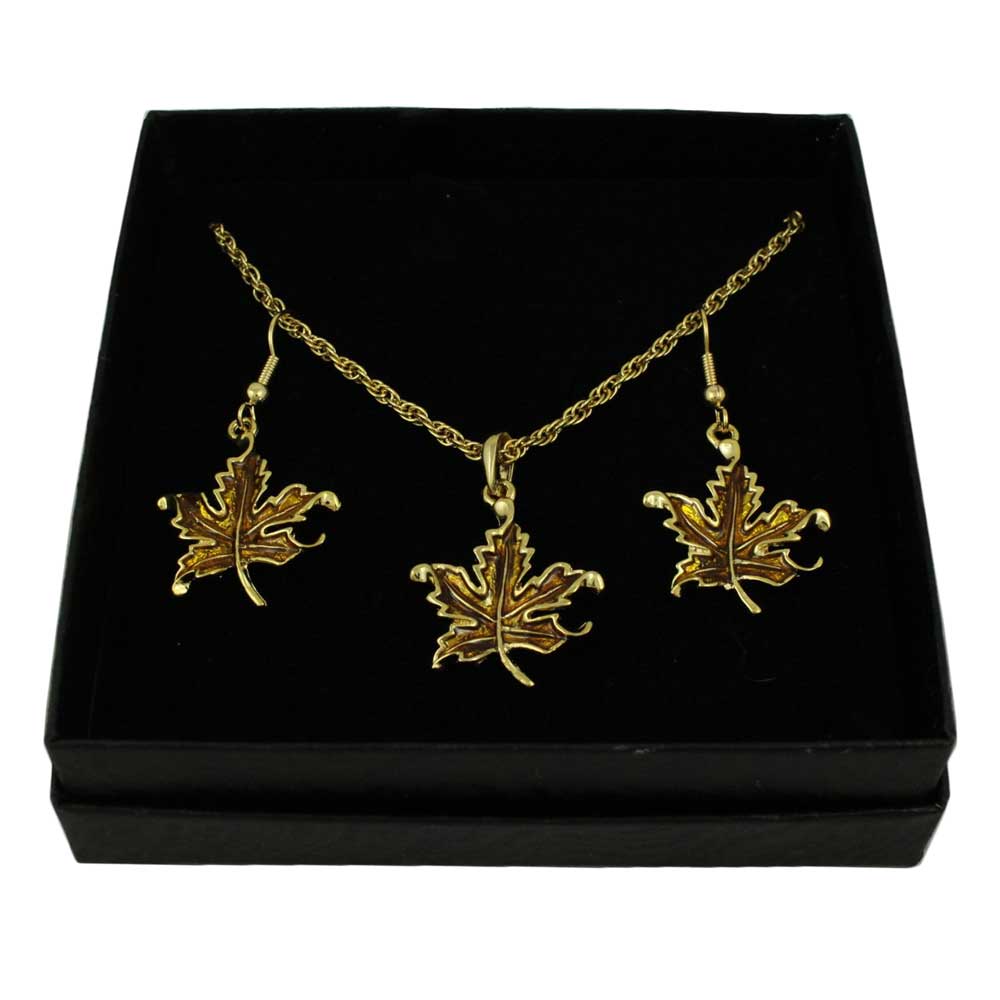 Lilylin Designs Dark Gold Enamel Maple Leaf Necklace and Earring Set