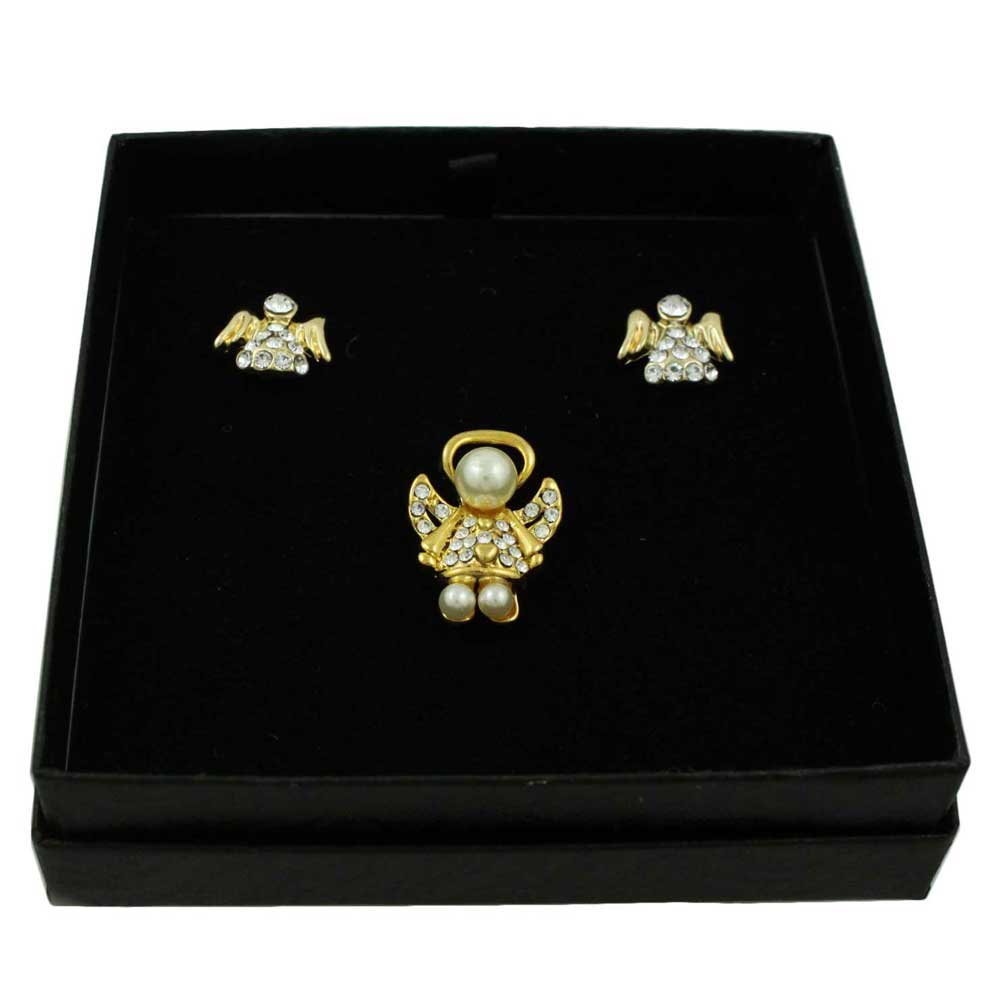 Gold Crystal Little Angel Lapel Tac Pin and Earring Set - SPF627GBS - Lilylin Designs